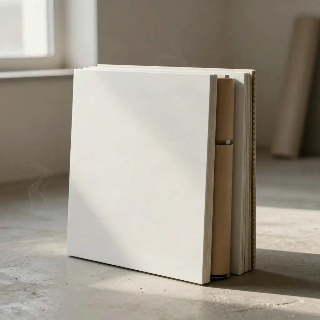 Witte paneelkit met losse onderdelen op koel beton, in een rustige studio-opstelling