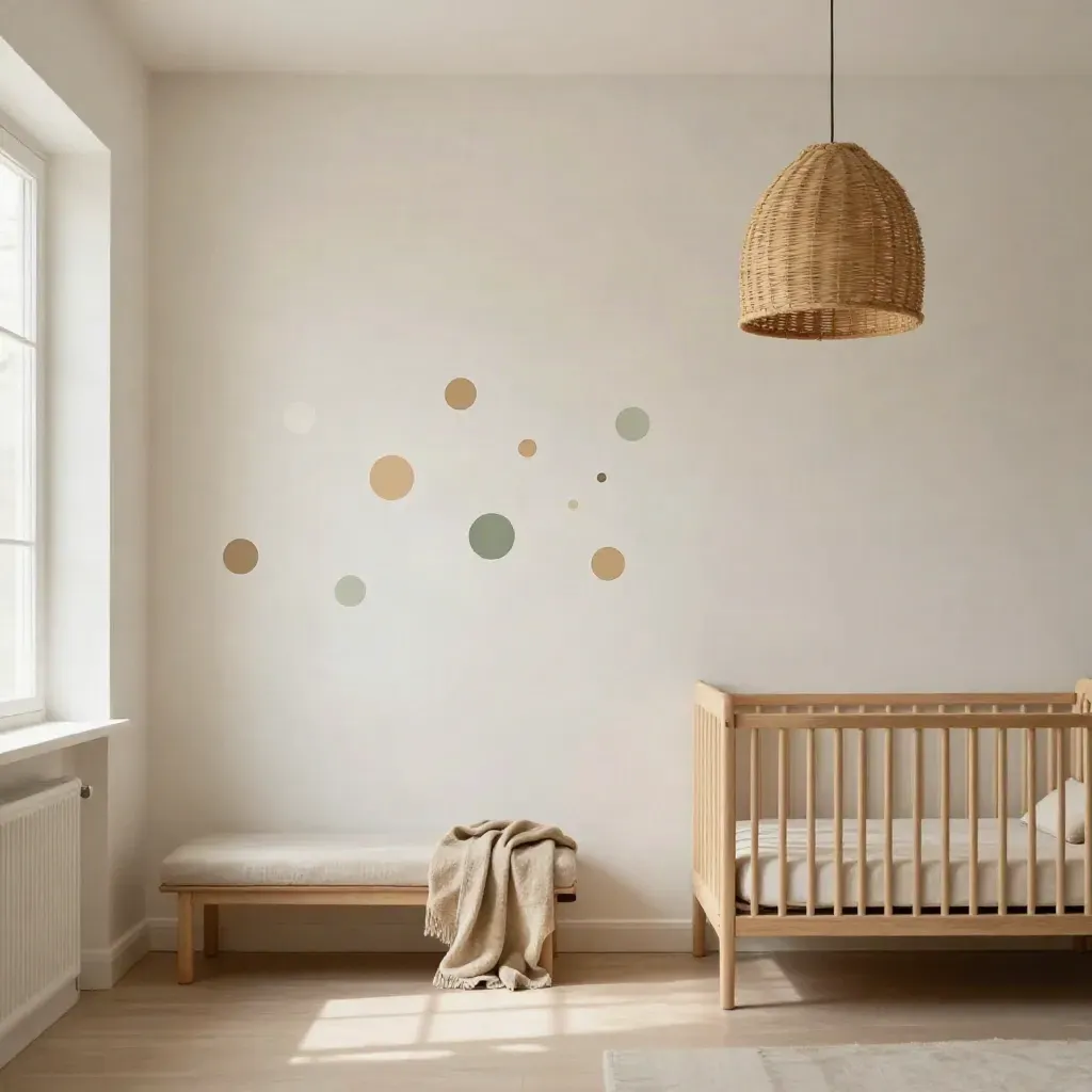 Zachte kinderkamerhoek met kalkverfwand, wandstickers, wieg en rieten lamp in ochtendlicht.